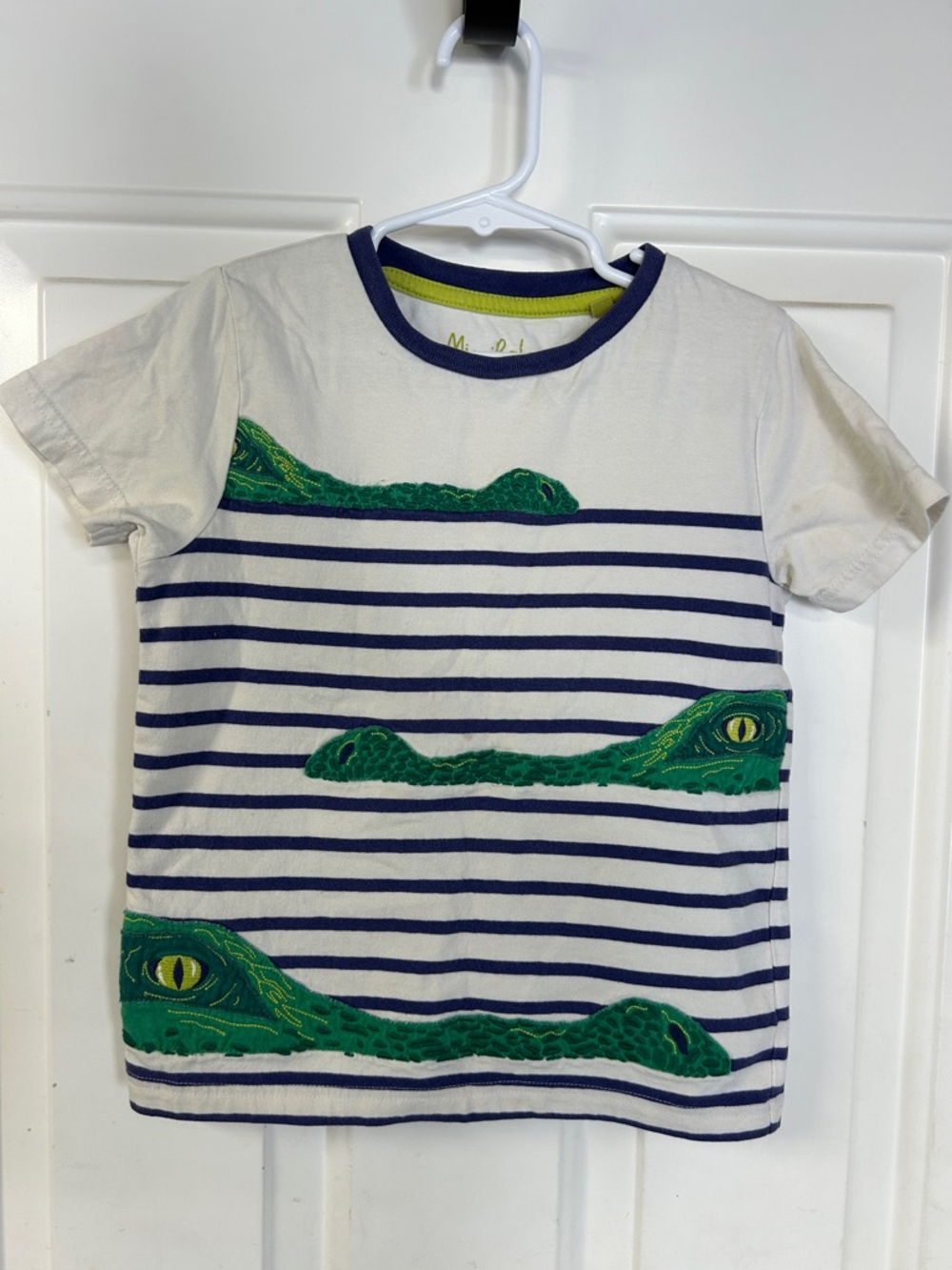Mini Boden White & Navy Stripe Tee with Green Crocodile Appliqués